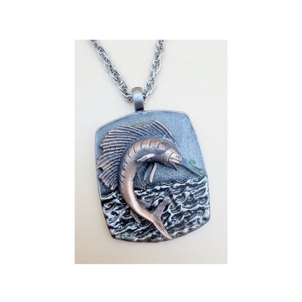 Sailfish Pendant Necklace Silver Tone Copper Tone Fish Textured Waves 17 Inch